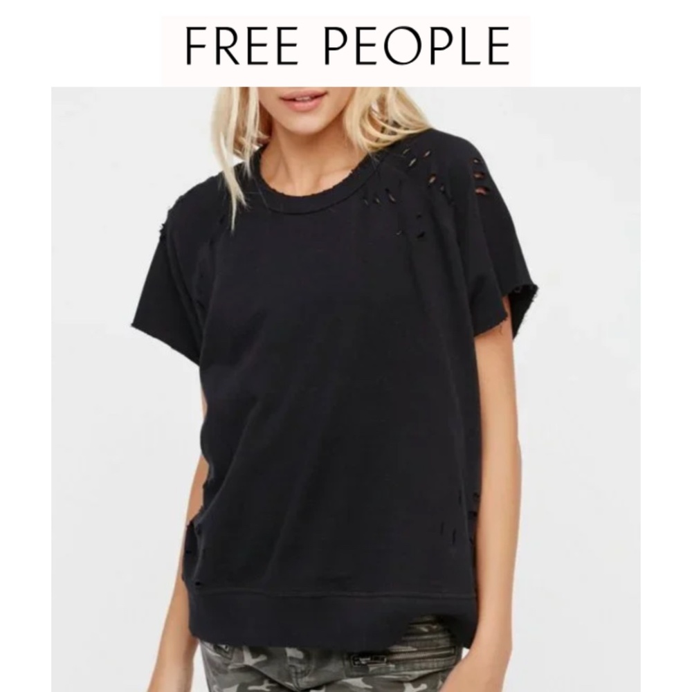 Free People Distressed Short Sleeve Sweatshirt